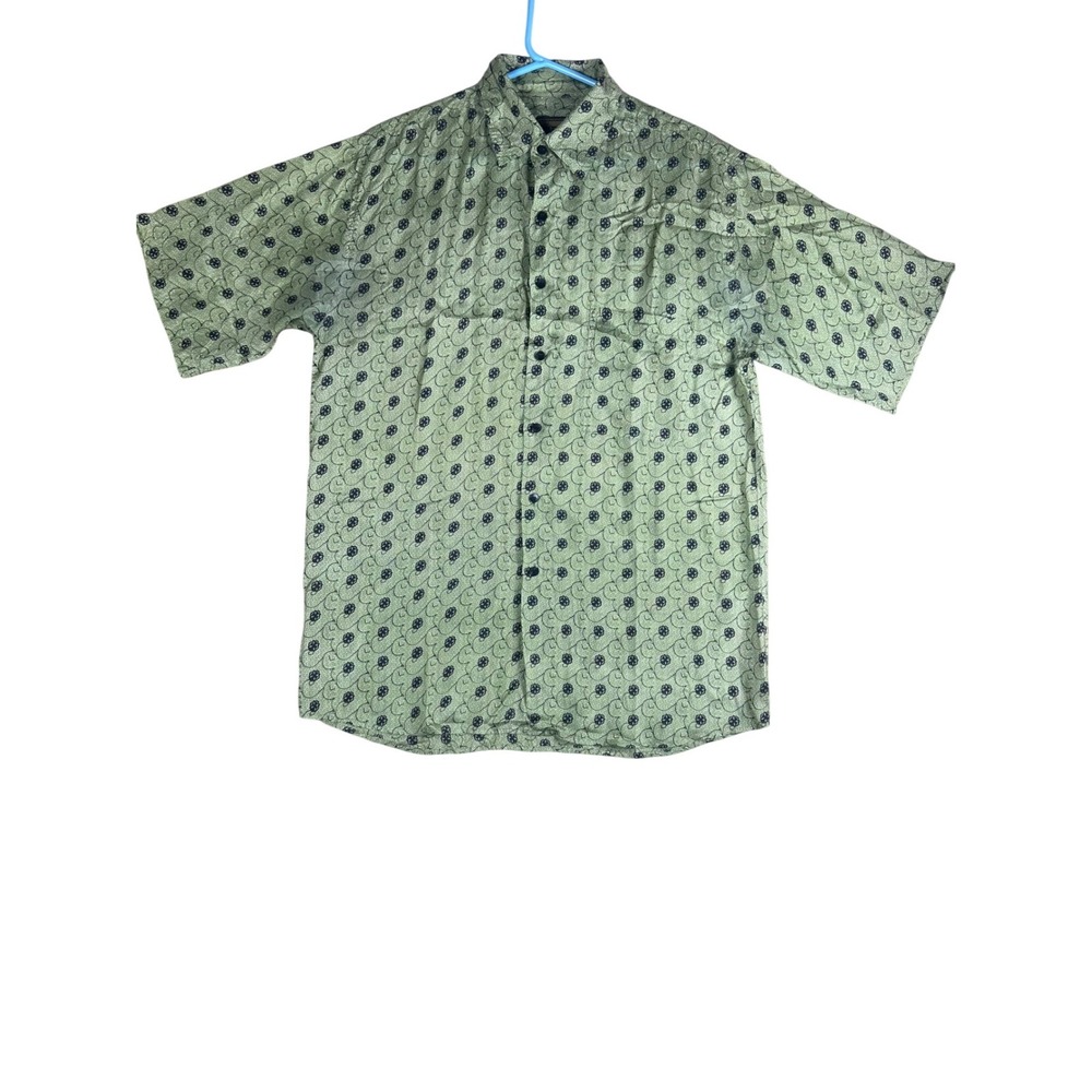Bruno B Mens Silk Button Down Shirt Medium Green Black Floral Swirl Short Sleeve